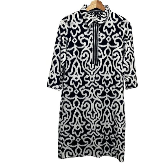 Gretchen Scott Blue & White Ikat Print Dress 3/4 Sleeves & Stand Collar Women's - Picture 1 of 9